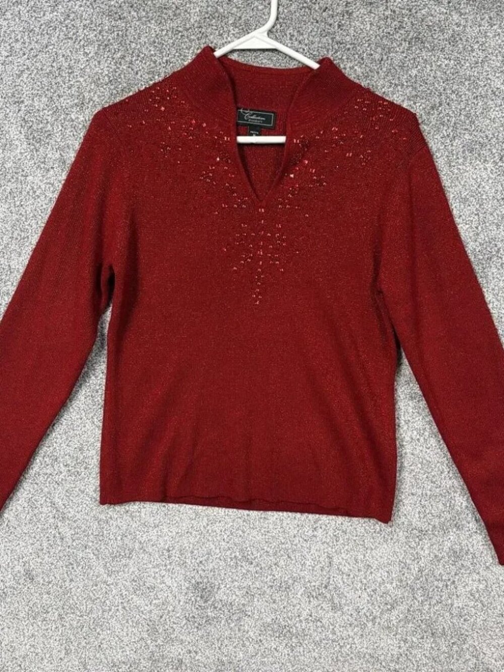 Dressbarn Sweater Womens Petite M Red V-Neck Glitter Sequin Holiday Party Chic